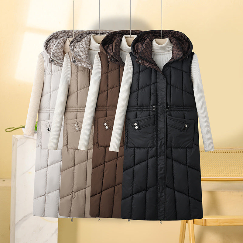 Gilet matelassé long à capuche pour femme, avec taille à cordon de serrage