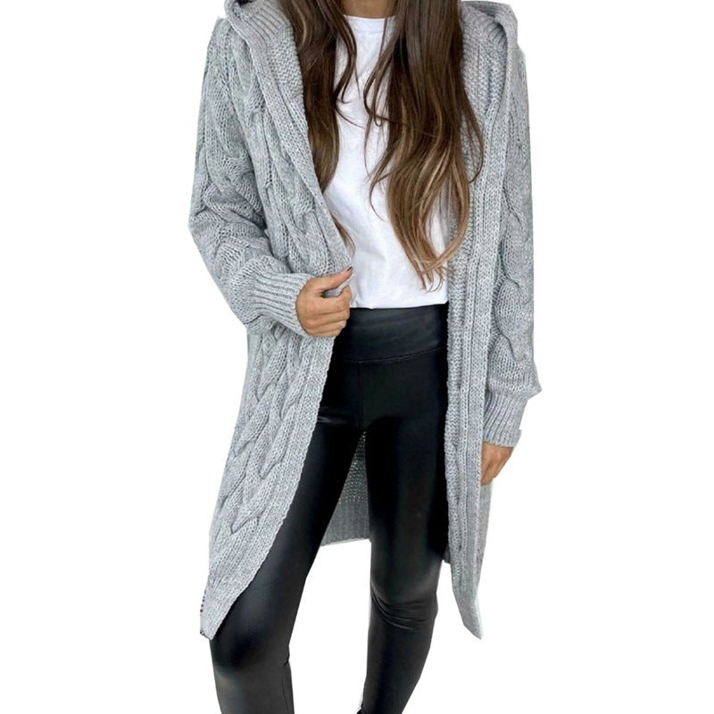 Cardigan à capuche en maille torsadée pour femme | Long et ouvert sur le devant