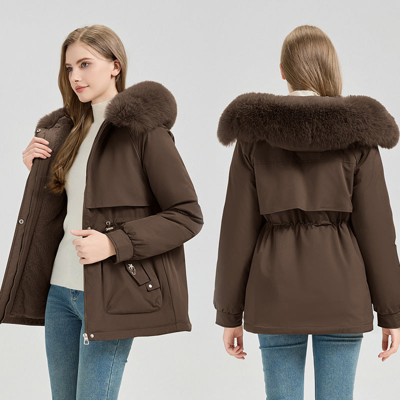 Parka d’hiver pour femme en fausse fourrure avec capuche et taille ajustable
