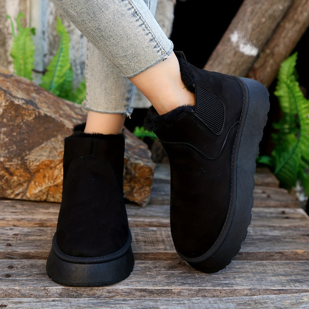 Bottines pour femme en daim synthétique, à enfiler | Bottes d’hiver doublées en fausse fourrure