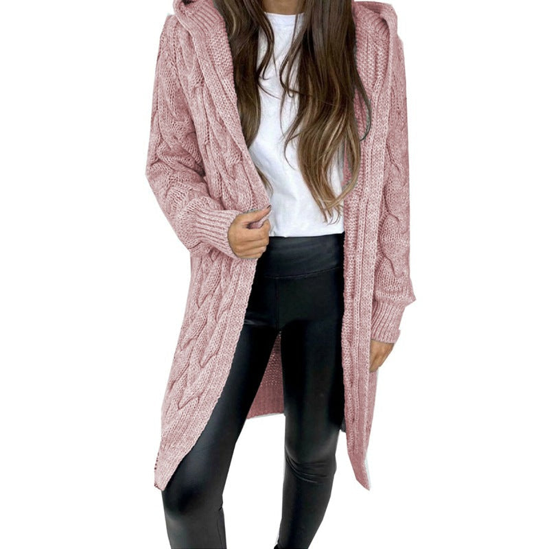 Cardigan à capuche en maille torsadée pour femme | Long et ouvert sur le devant