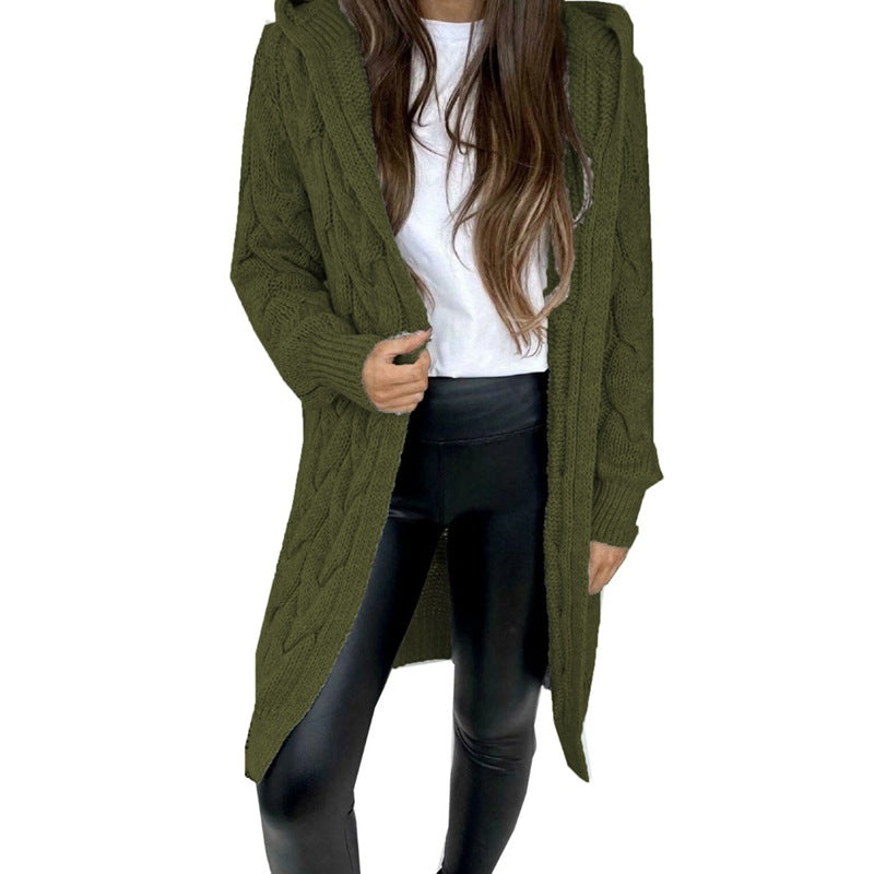 Cardigan à capuche en maille torsadée pour femme | Long et ouvert sur le devant