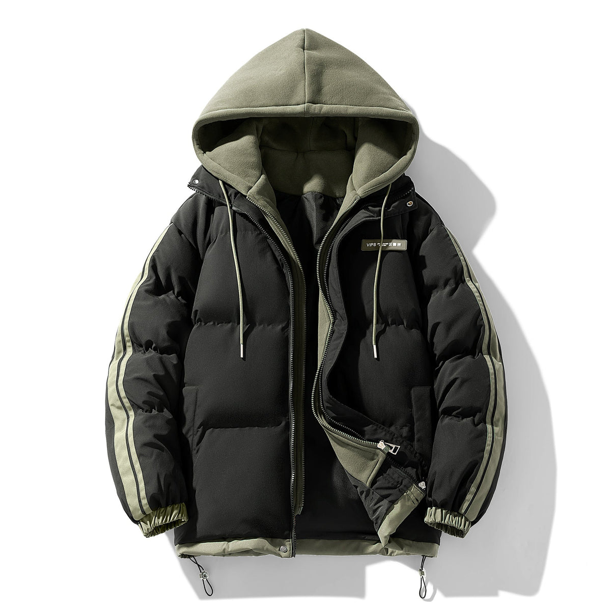 Doudoune à capuche pour homme avec effet superposé et manches rayées