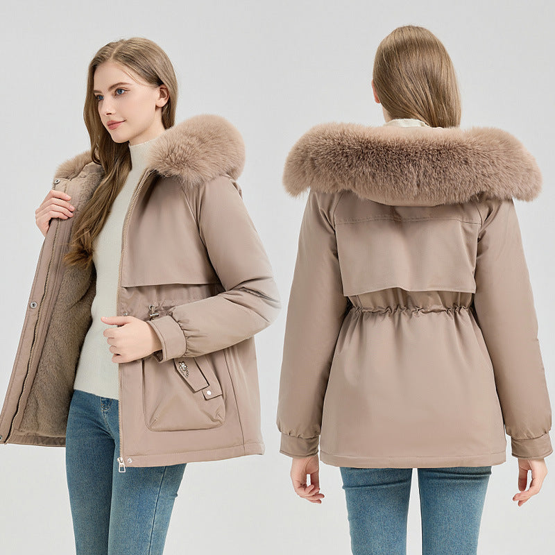 Parka d’hiver pour femme en fausse fourrure avec capuche et taille ajustable