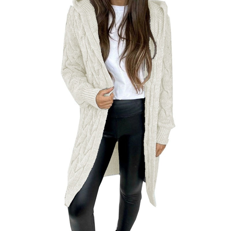 Cardigan à capuche en maille torsadée pour femme | Long et ouvert sur le devant
