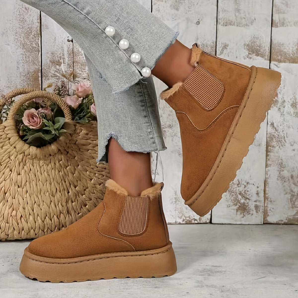 Bottines pour femme en daim synthétique, à enfiler | Bottes d’hiver doublées en fausse fourrure