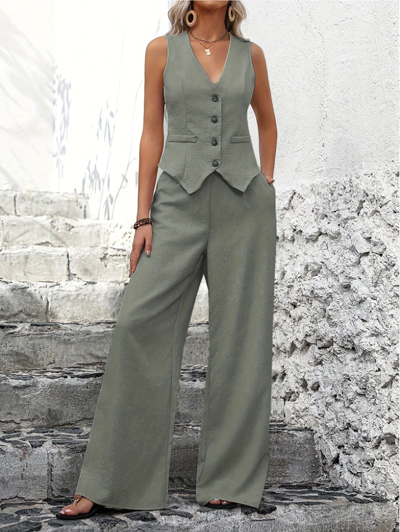 Women's Sleeveless Waistcoat & Wide Leg Trouser Co-Ord Set