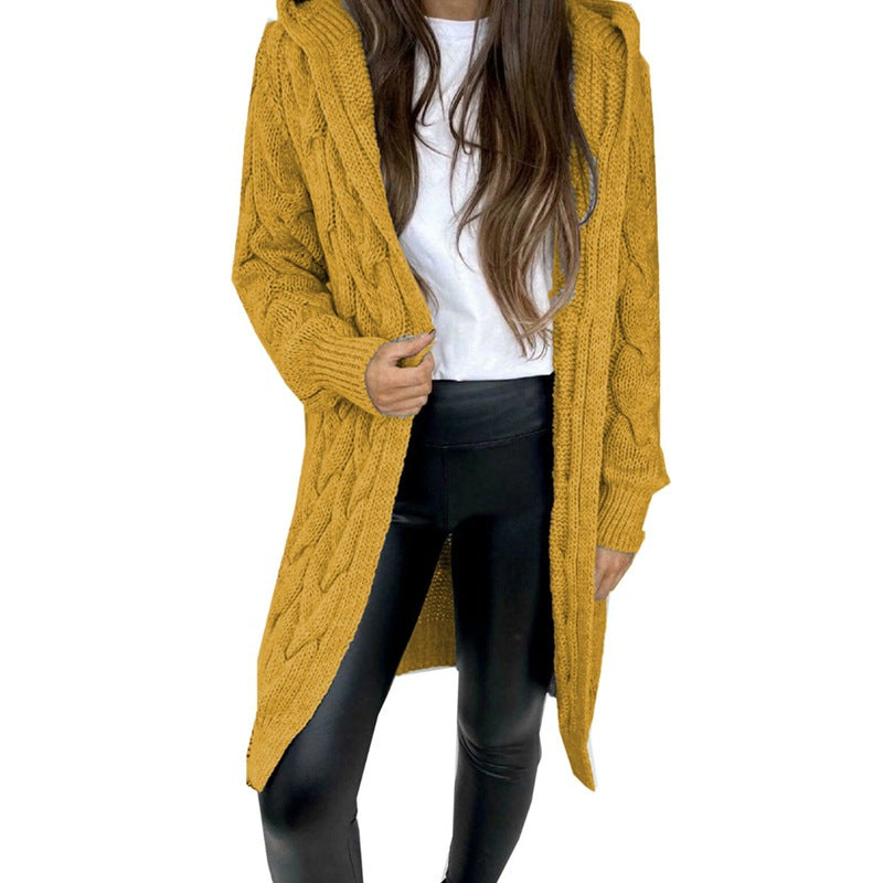 Cardigan à capuche en maille torsadée pour femme | Long et ouvert sur le devant