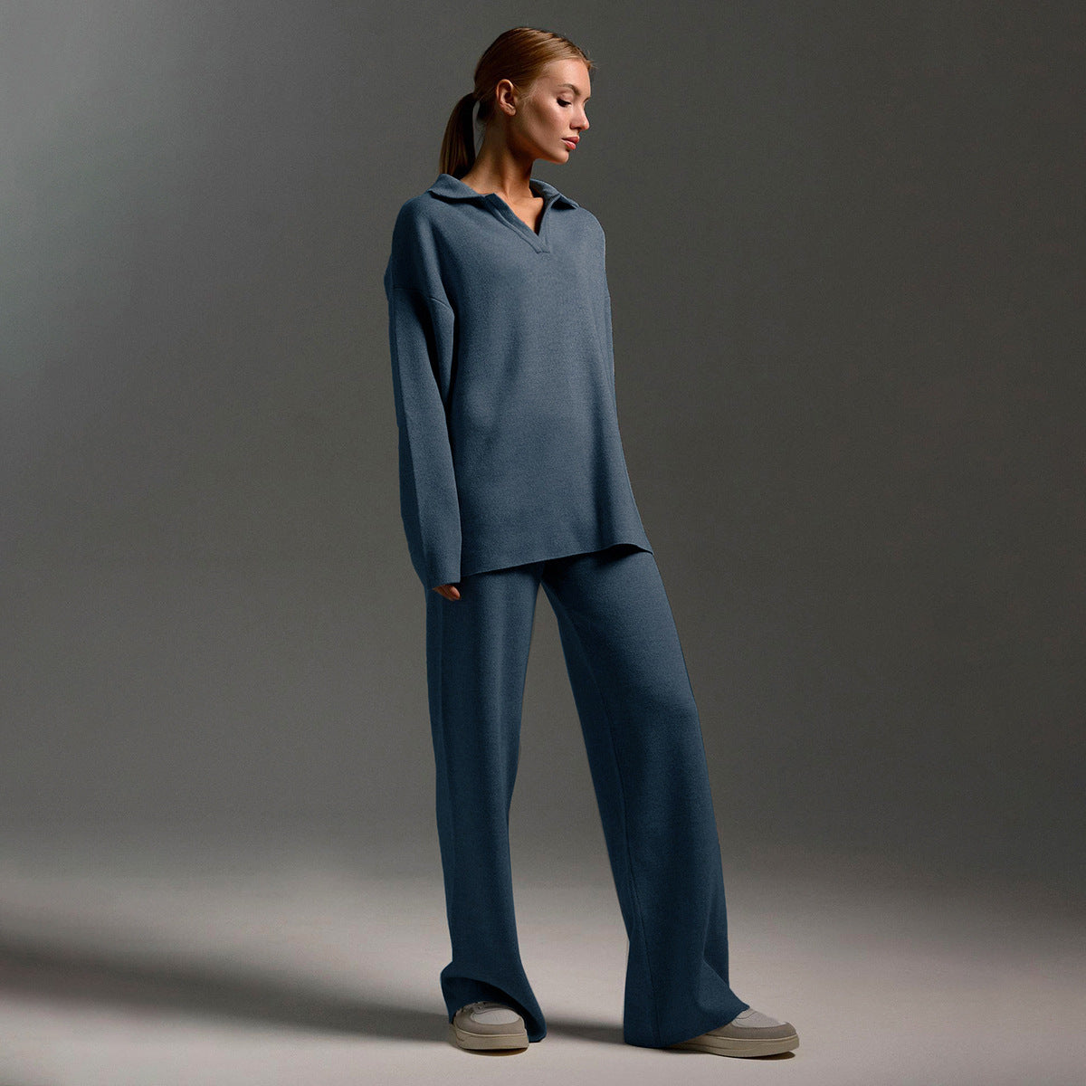 Knit Polo Sweater and Wide-Leg Trouser Set