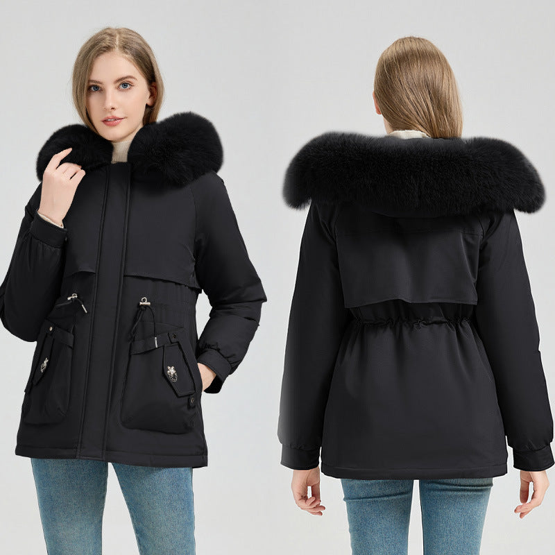 Parka d’hiver pour femme en fausse fourrure avec capuche et taille ajustable