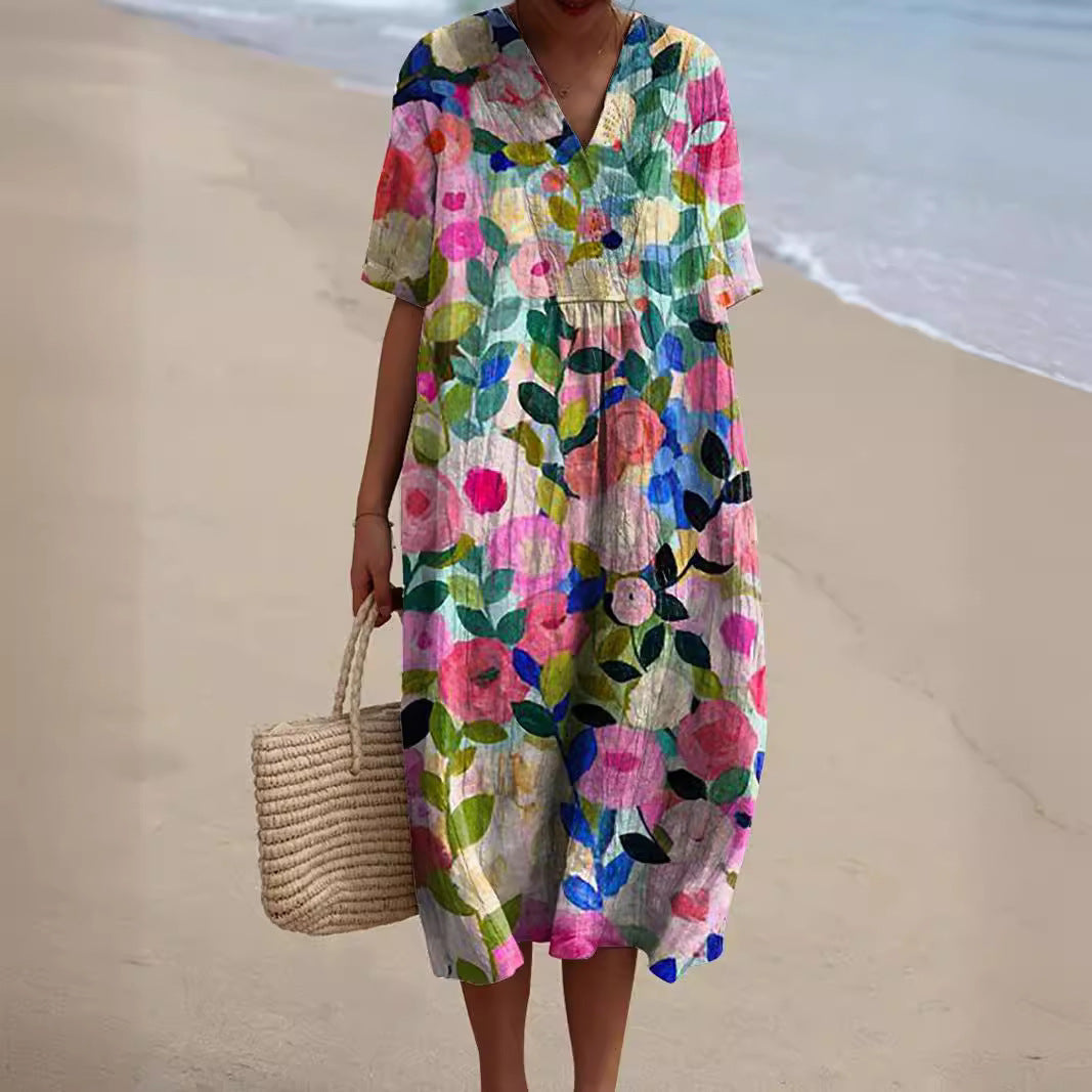 Floral Print Relaxed Fit Midi Dress with V-Neck