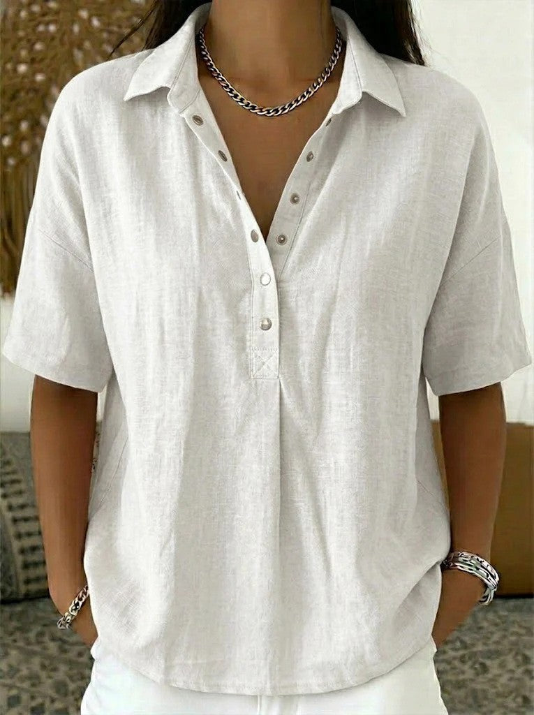 Women's Relaxed Button Neck Short Sleeve Blouse