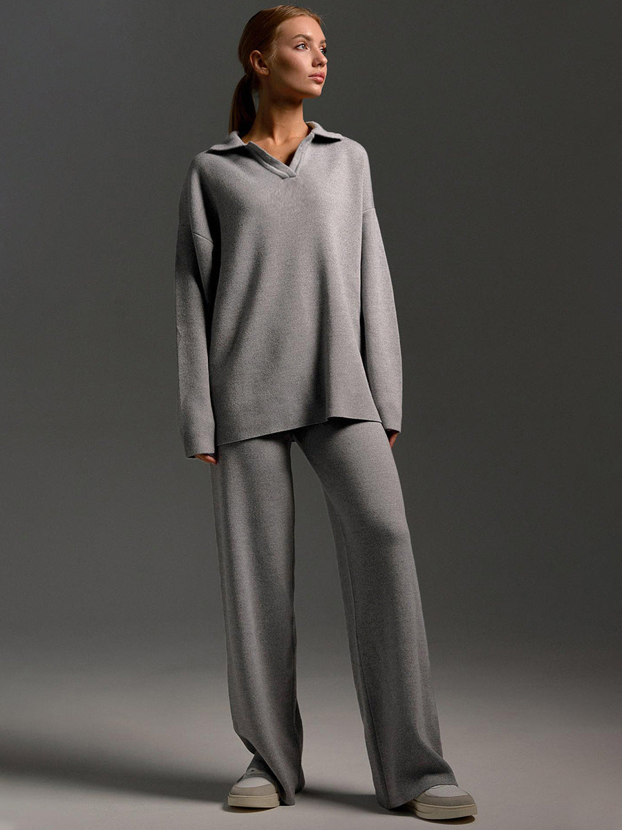 Knit Polo Sweater and Wide-Leg Trouser Set