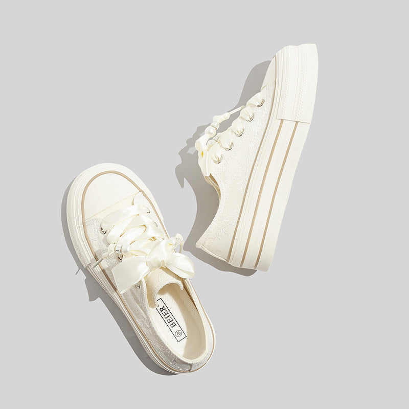 Women's Lace Platform Canvas Trainers with Ribbon Laces