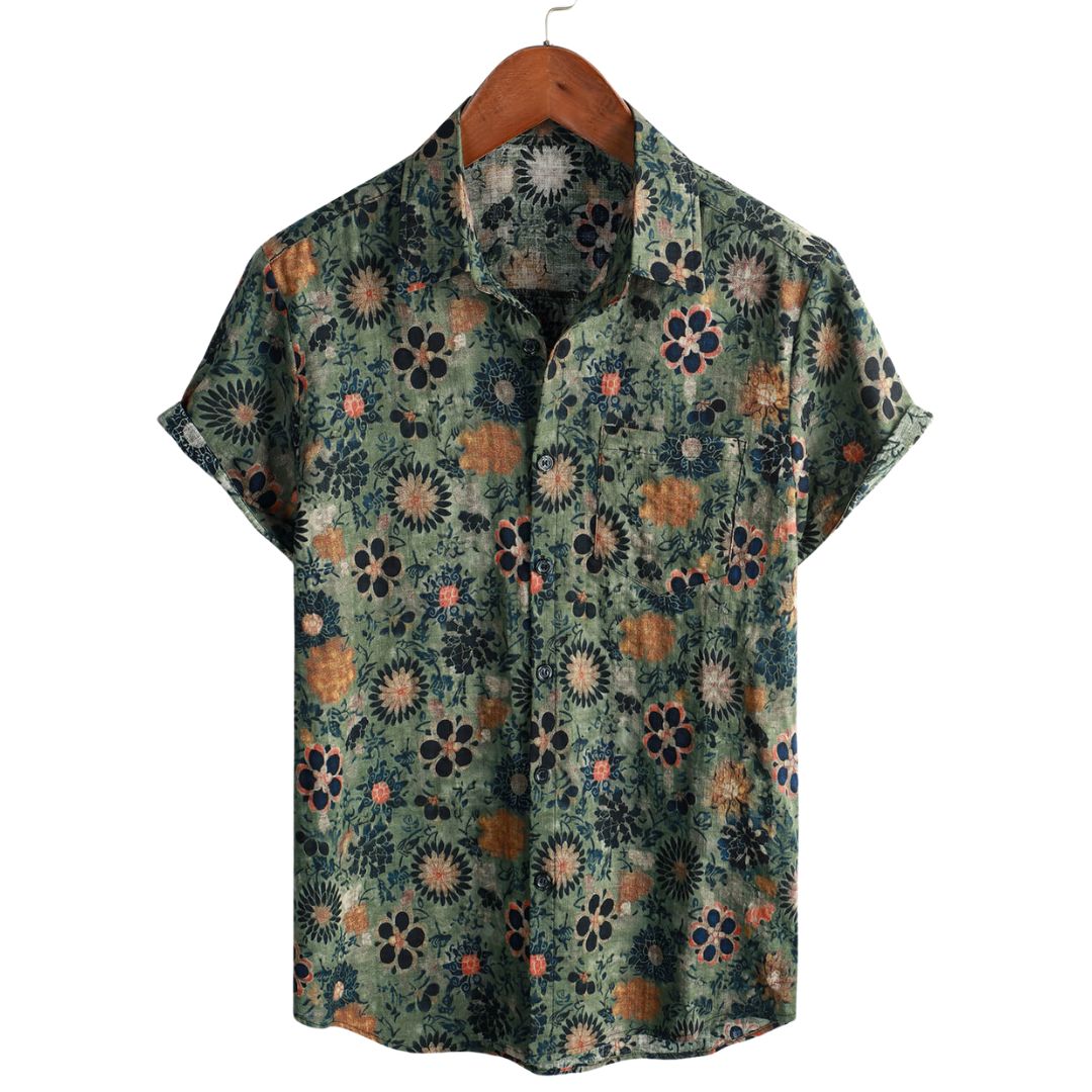 Men's Floral Print Short Sleeve Shirt with Chest Pocket