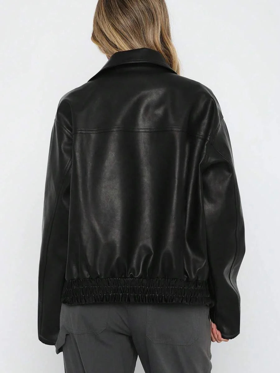 Women's Oversized Faux Leather Bomber Jacket