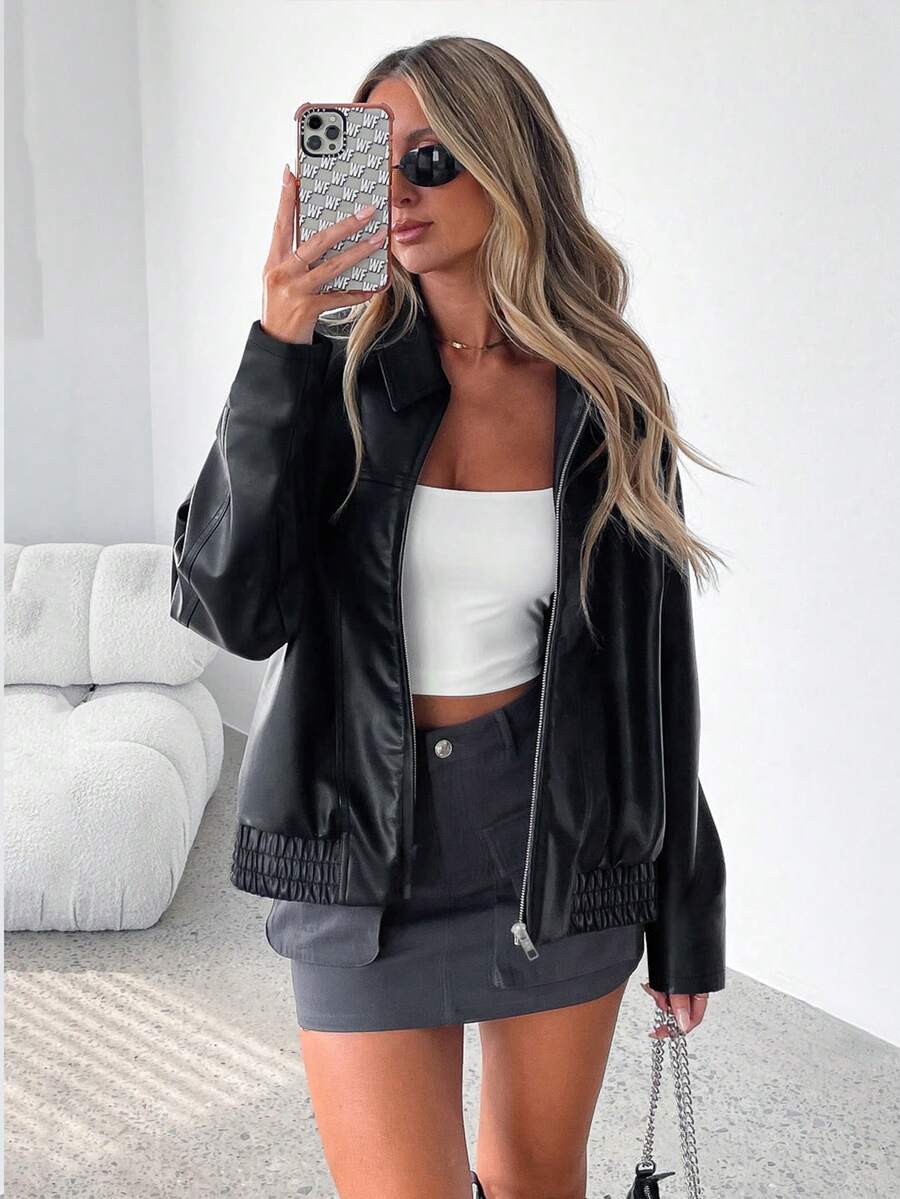 Women's Oversized Faux Leather Bomber Jacket