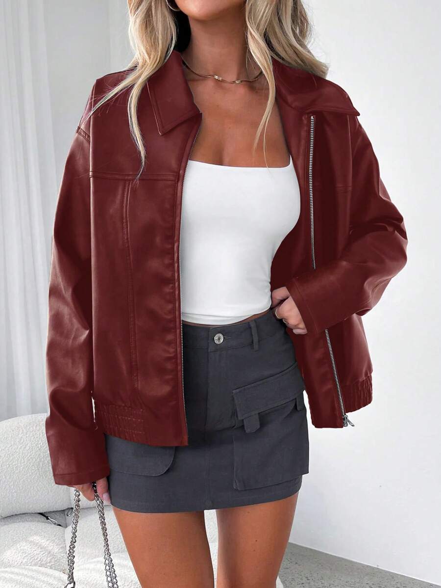 Women's Oversized Faux Leather Bomber Jacket