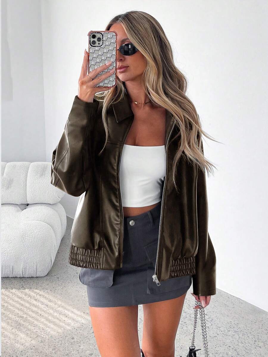 Women's Oversized Faux Leather Bomber Jacket