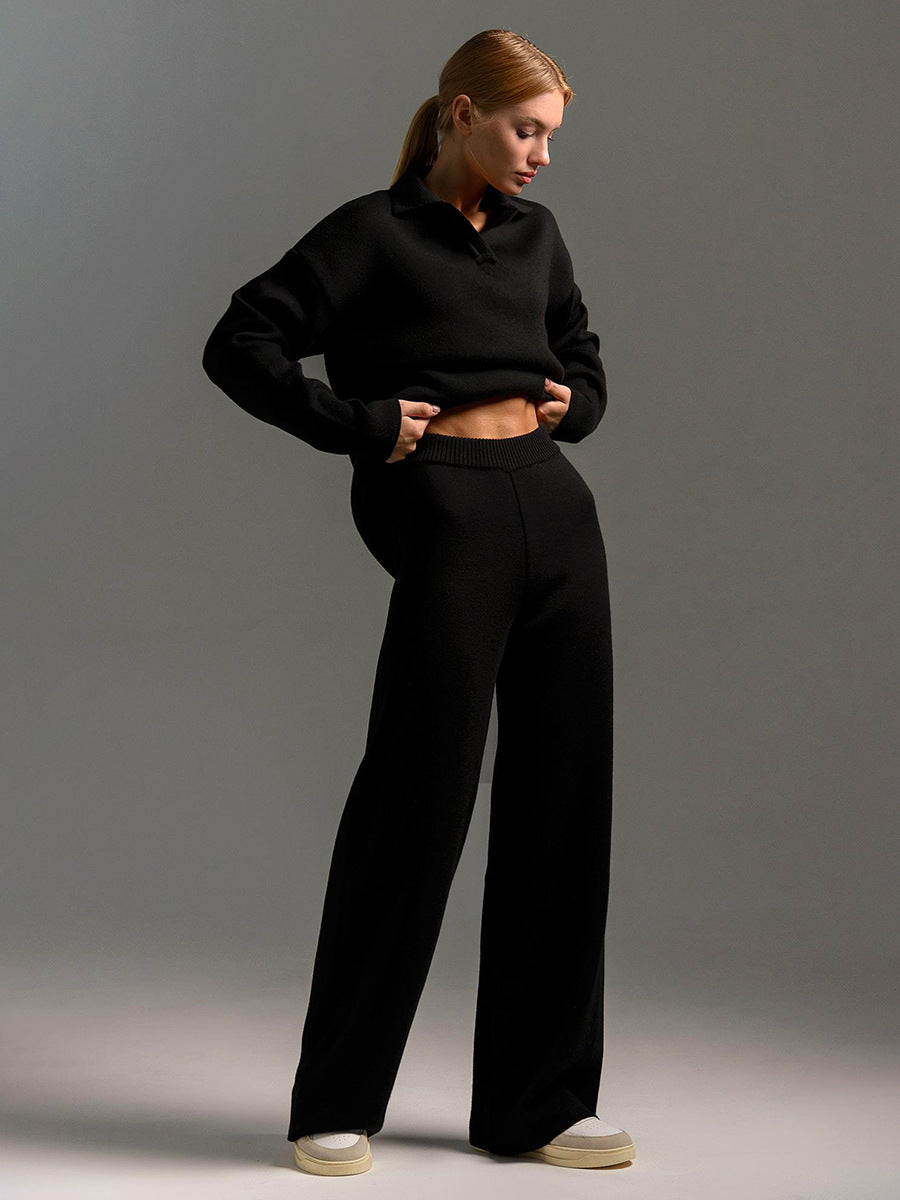 Knit Polo Sweater and Wide-Leg Trouser Set