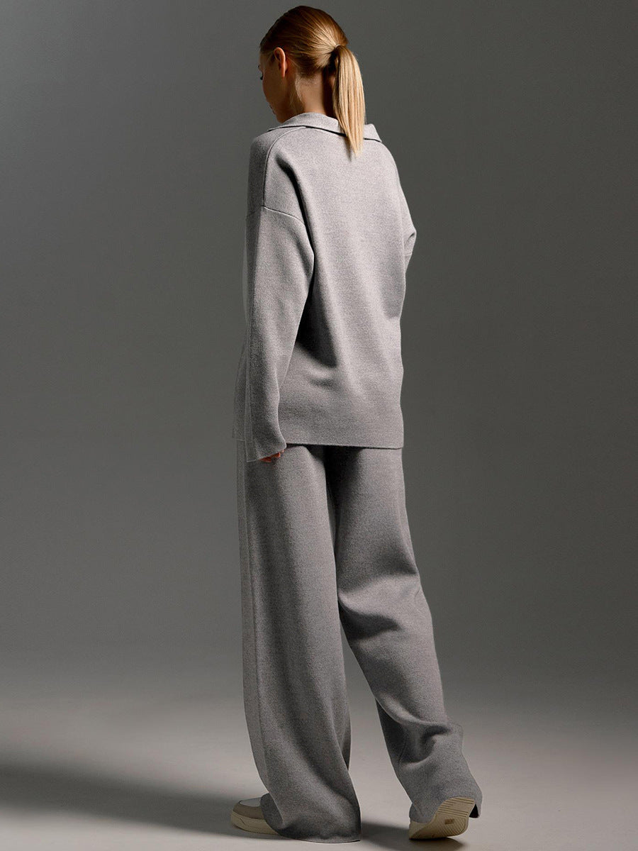 Knit Polo Sweater and Wide-Leg Trouser Set