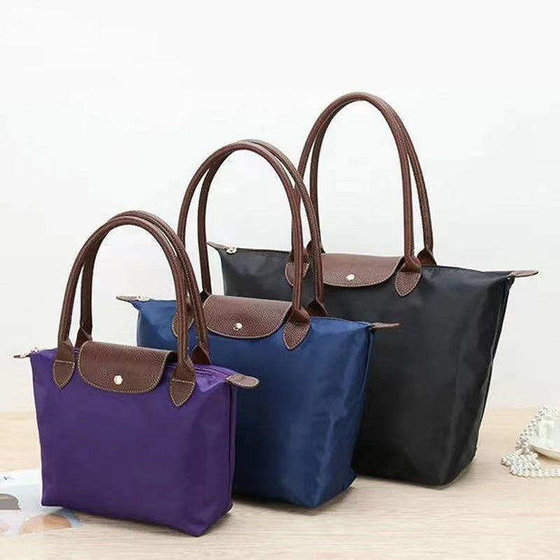 Foldable Nylon Tote Bag with Leather Trim Handles
