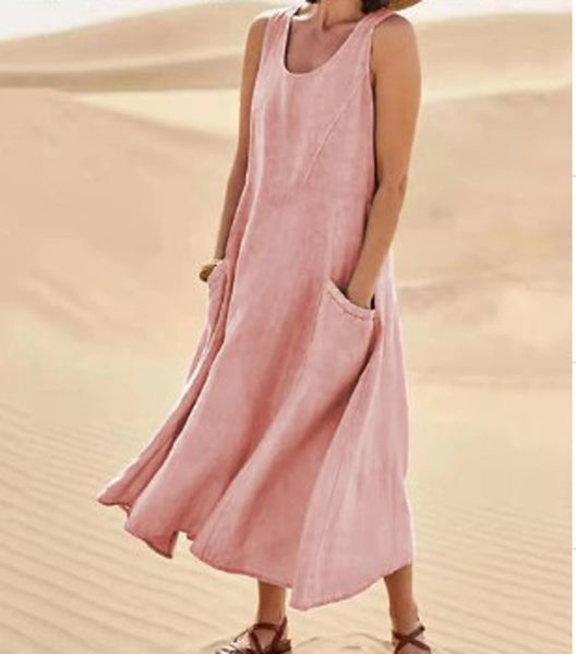 Sleeveless Midi Dress with Side Pockets and A-Line Fit