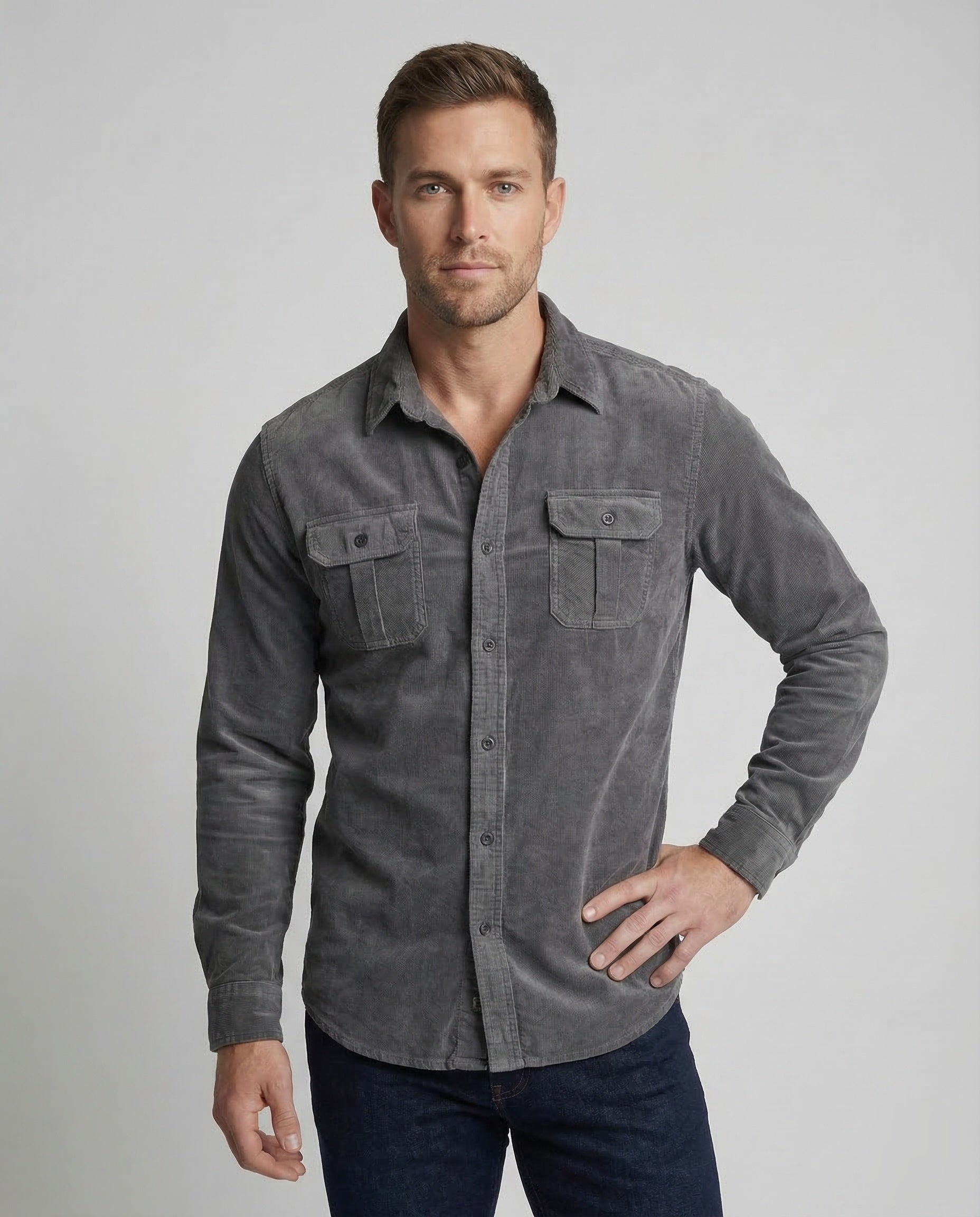 Men's Corduroy Button-Down Shirt with Chest Pockets