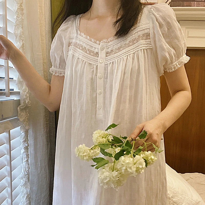Cotton Nightdress with Lace Trim and Puff Sleeves