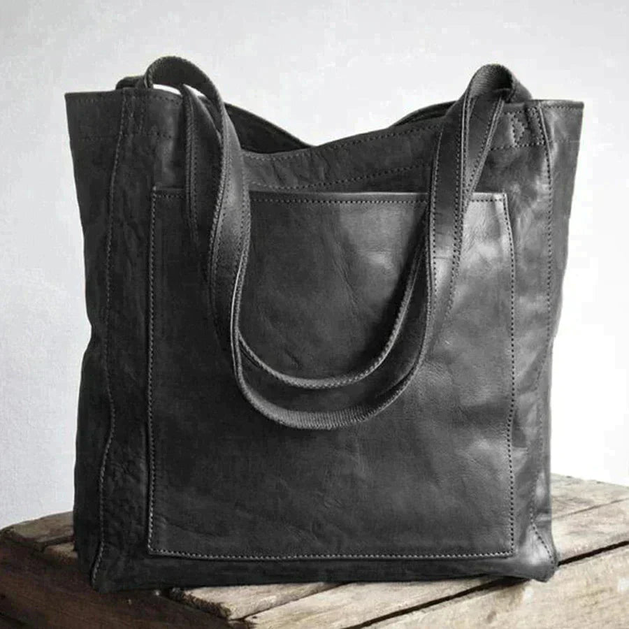 Leather Tote Bag with Front Pocket and Shoulder Straps