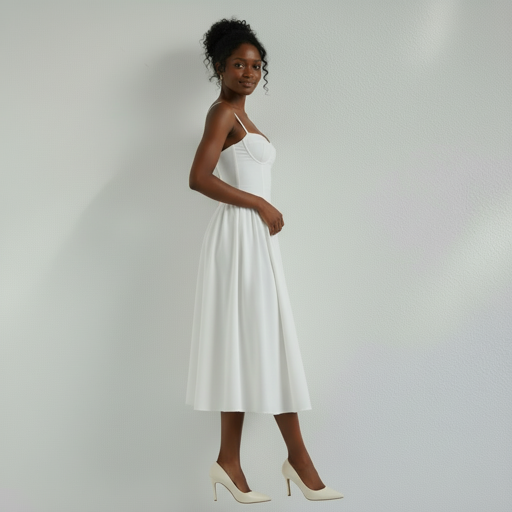 Corset Midi Dress in Cotton with Pleated Full Skirt