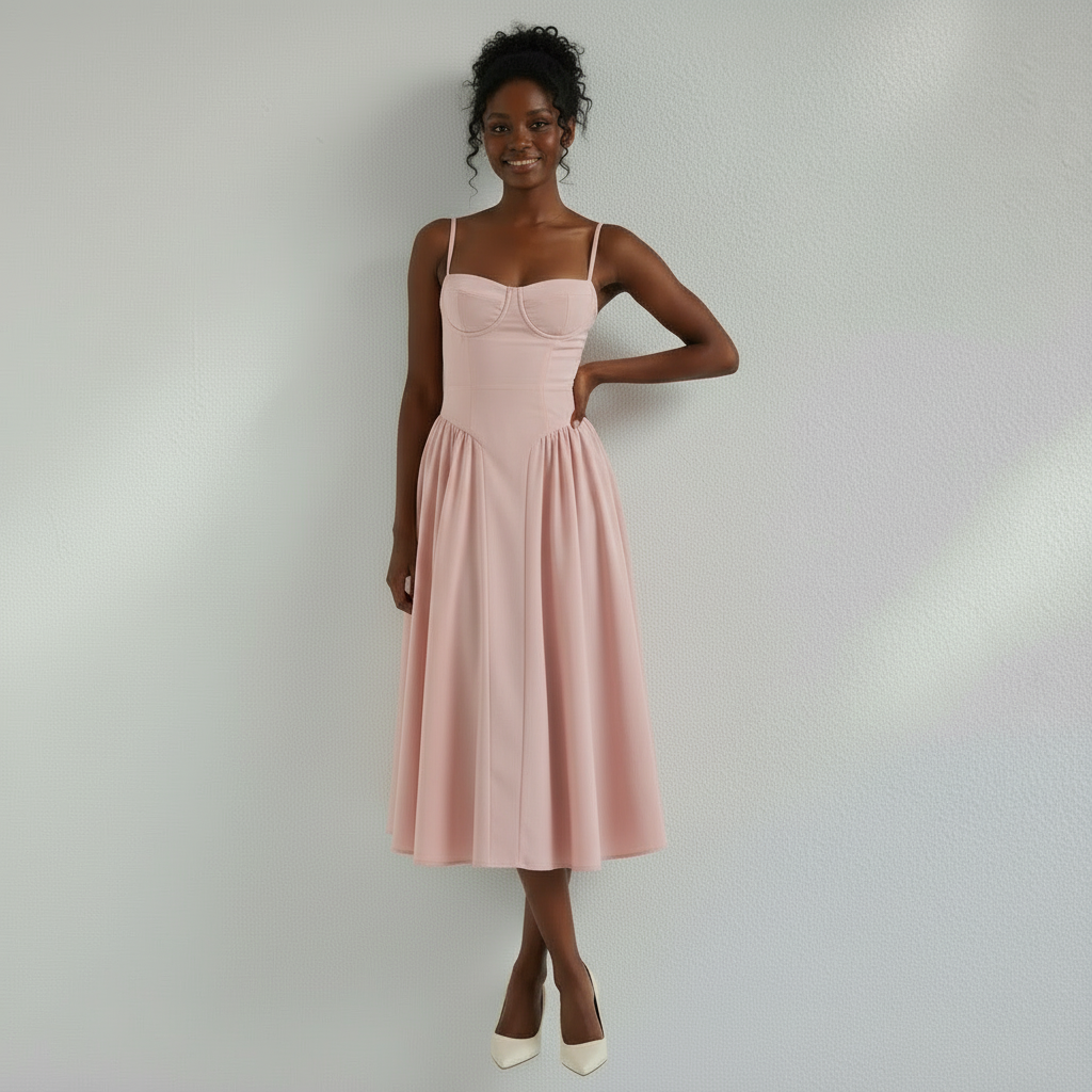 Corset Midi Dress in Cotton with Pleated Full Skirt