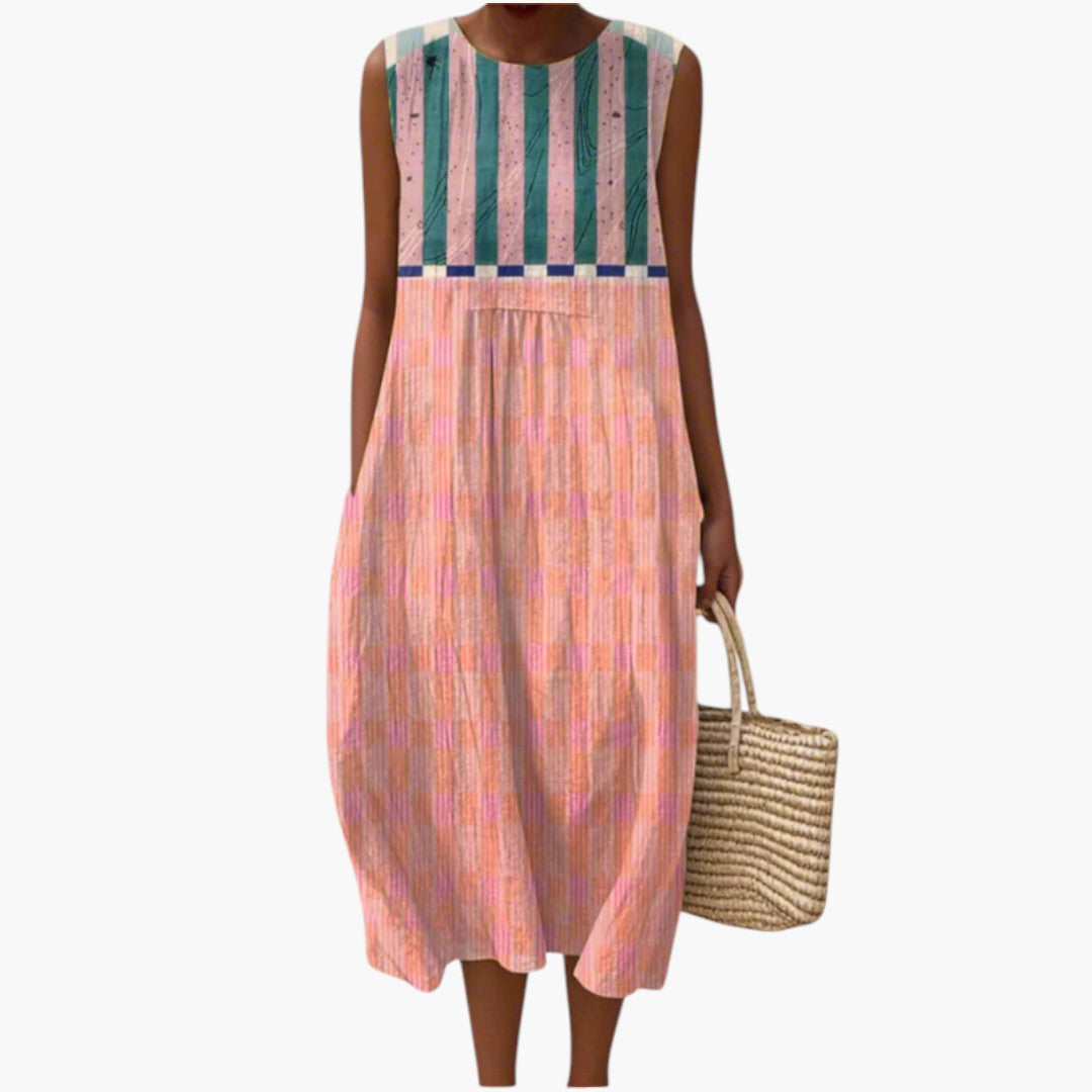 Striped Sleeveless Midi Dress with Front Pocket