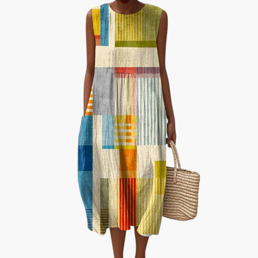 Patchwork Sleeveless Midi Dress with Side Pockets