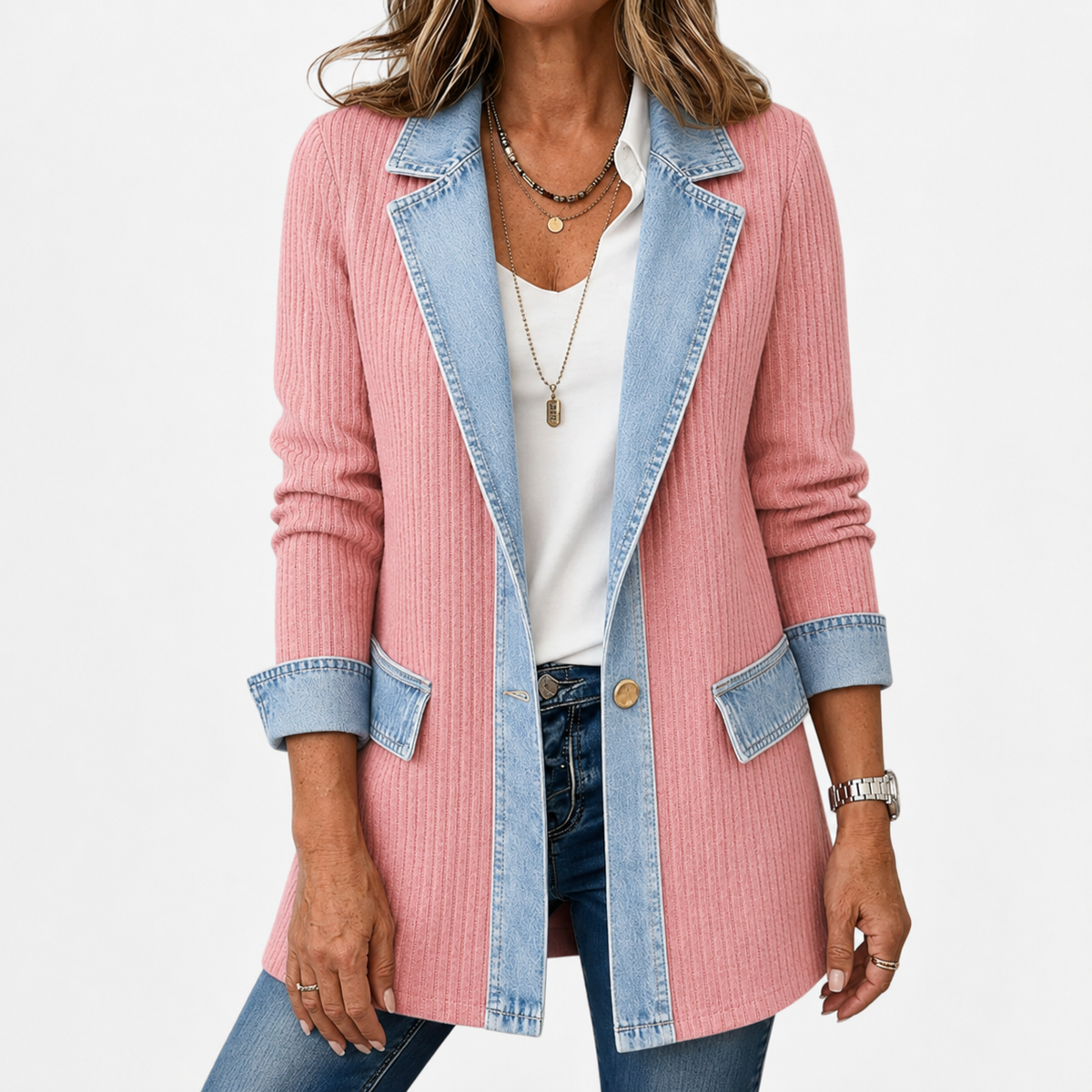 Gilet long en maille côtelée avec finitions en denim pour femme