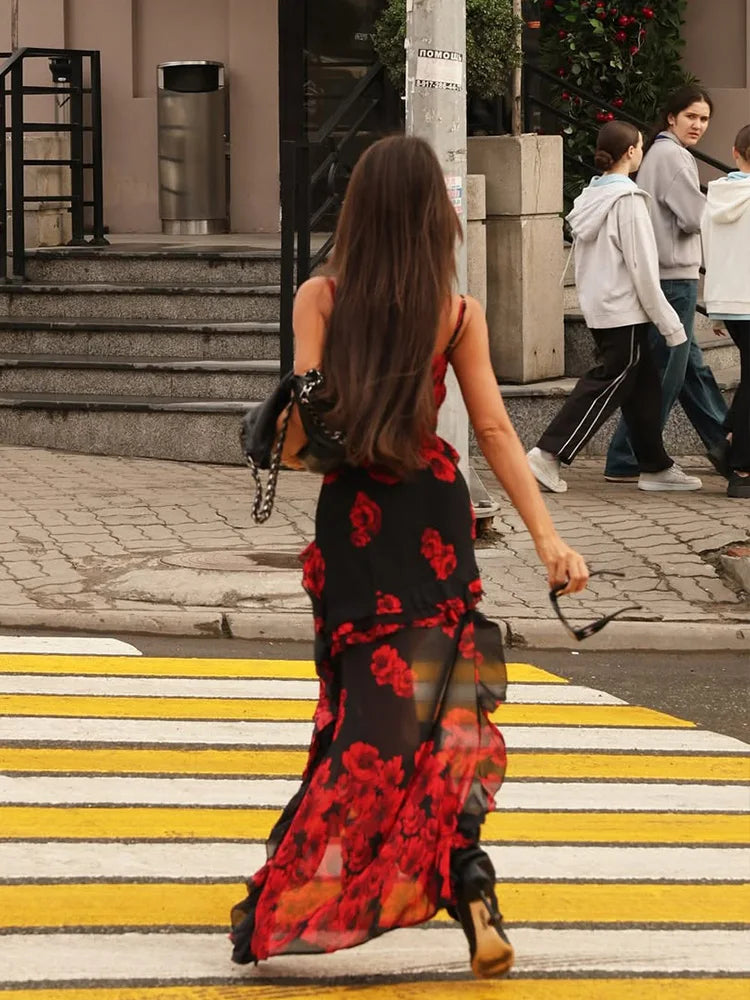 High-Low Maxi Dress with Sheer Ruffle Overlay