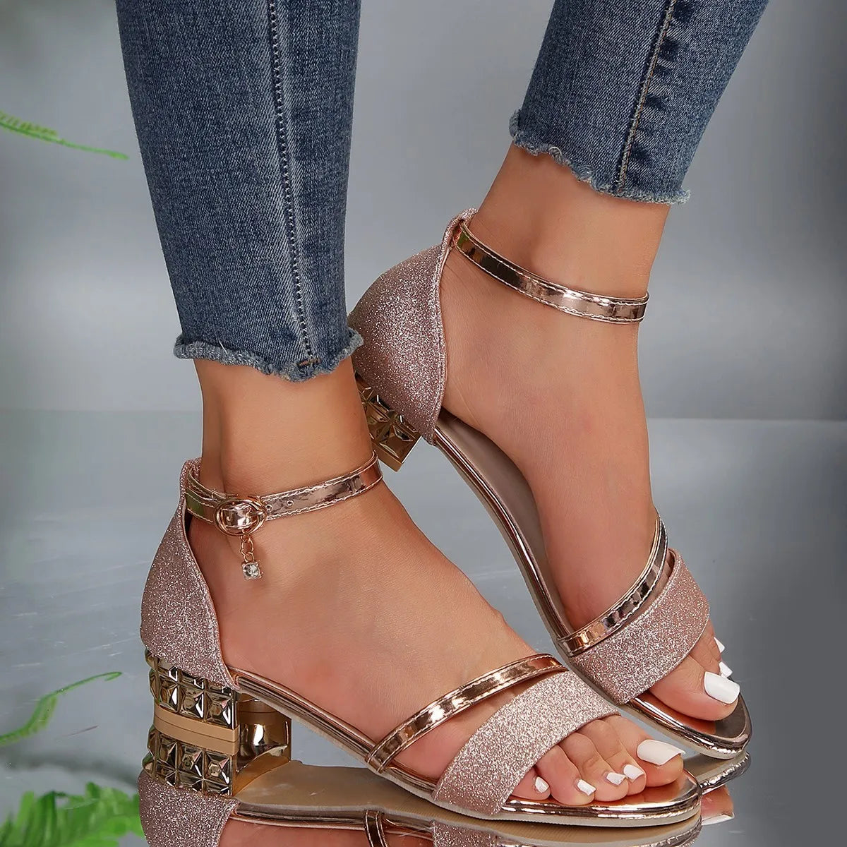 Glitter Block Heel Sandals with Ankle Strap