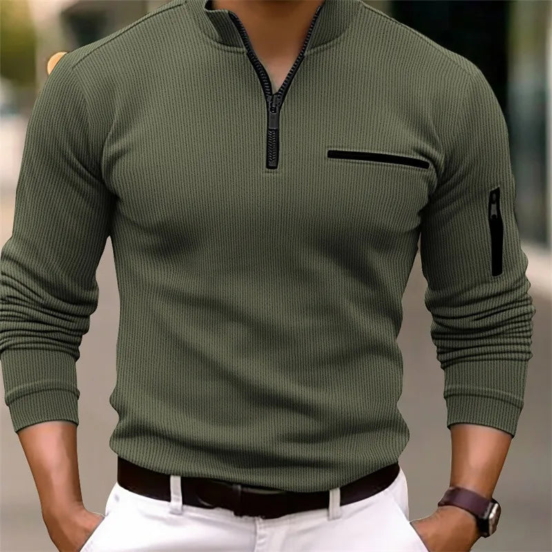 Pull côtelé pour homme à demi-zip avec poches zippées