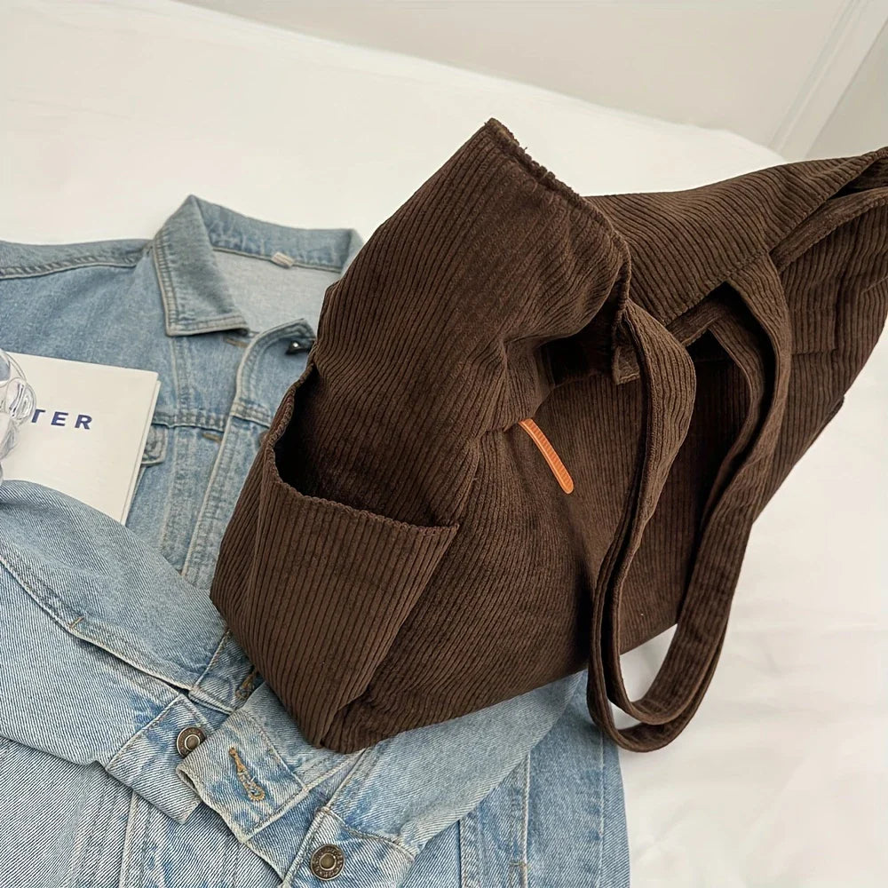 Tote Bag in Corduroy with Side Pocket for Everyday Use