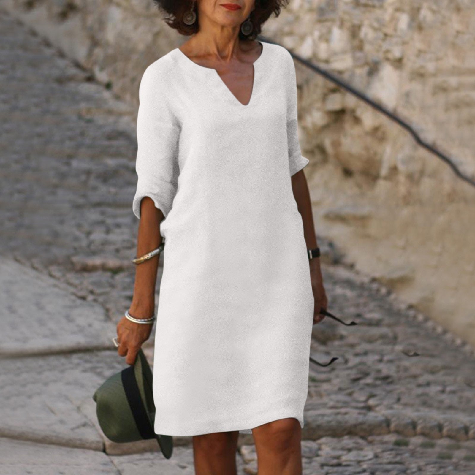 Linen-Blend Shift Dress with V-Neckline