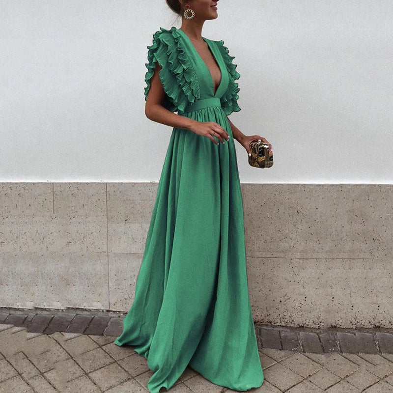 Women's Ruffle Trim Plunge Neck Maxi Dress