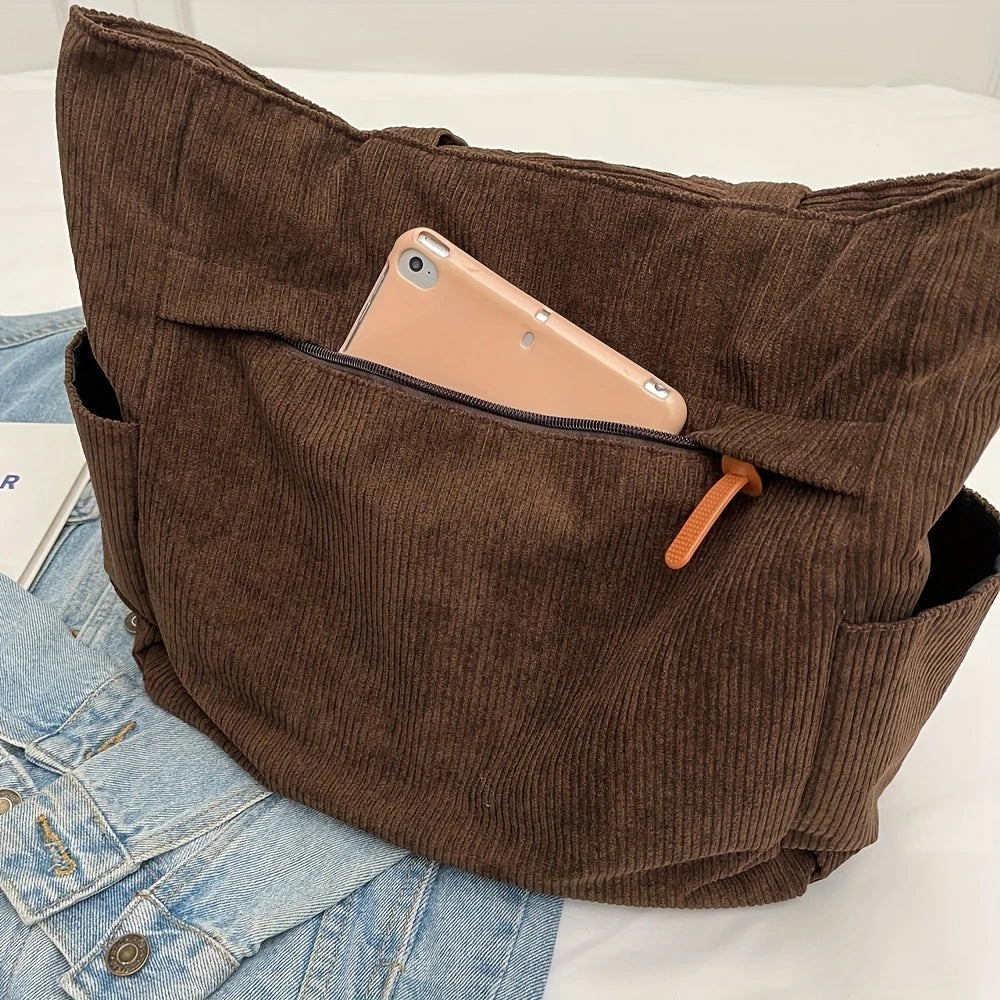 Tote Bag in Corduroy with Side Pocket for Everyday Use