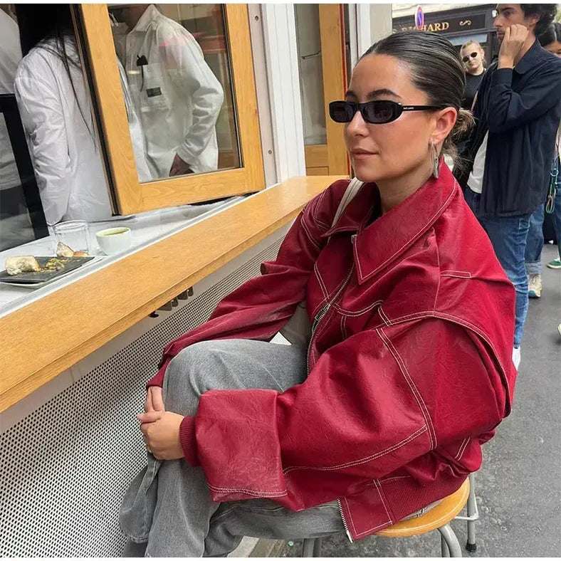 Women's Oversized Contrast Stitch Leather-Look Bomber Jacket