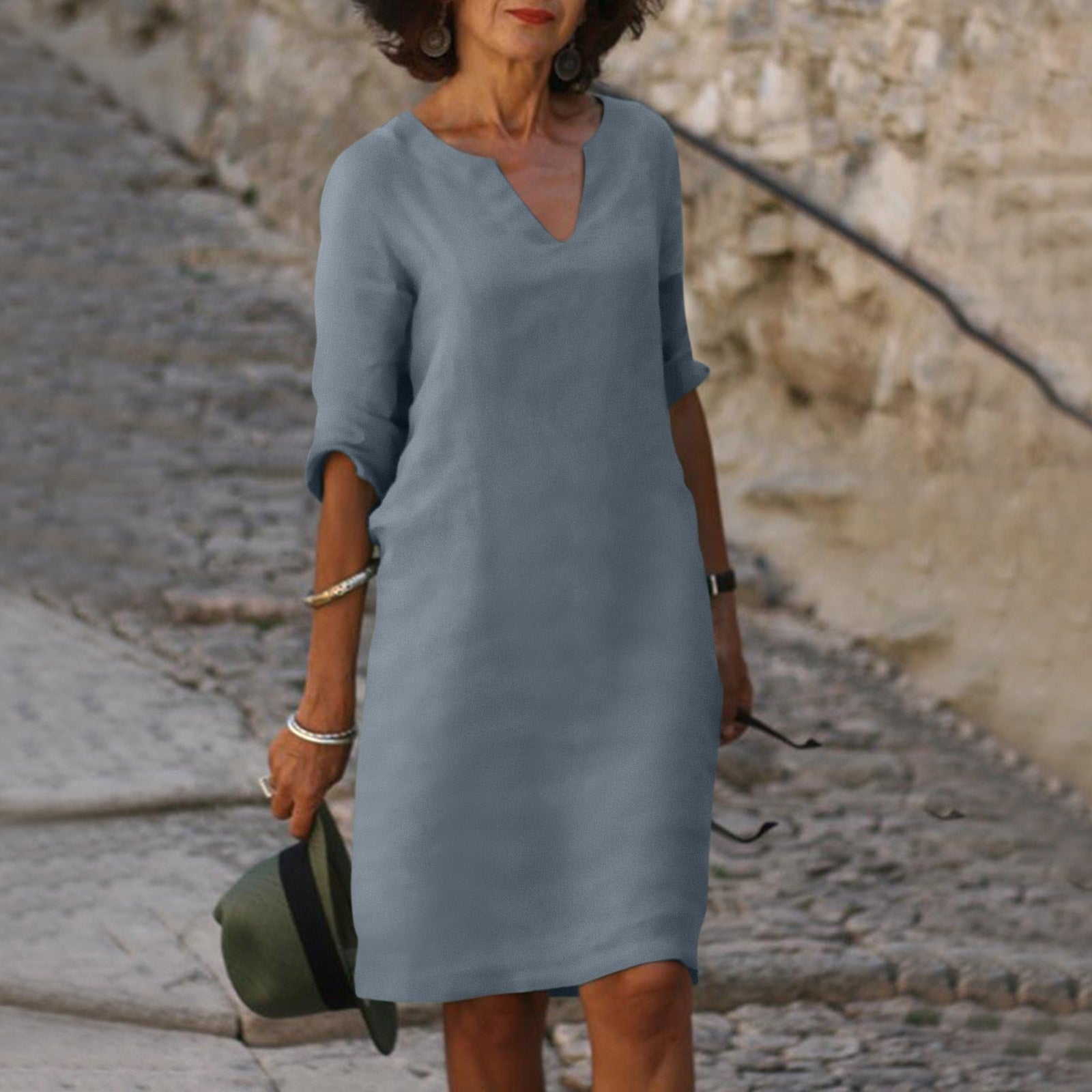 Linen-Blend Shift Dress with V-Neckline