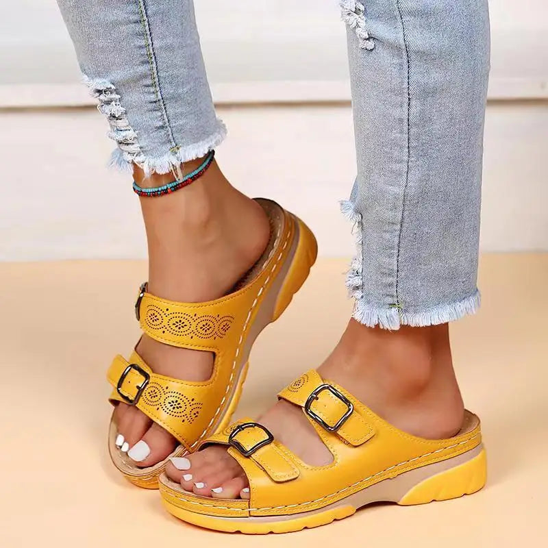Leather Wedge Sandals with Perforated Buckle Straps