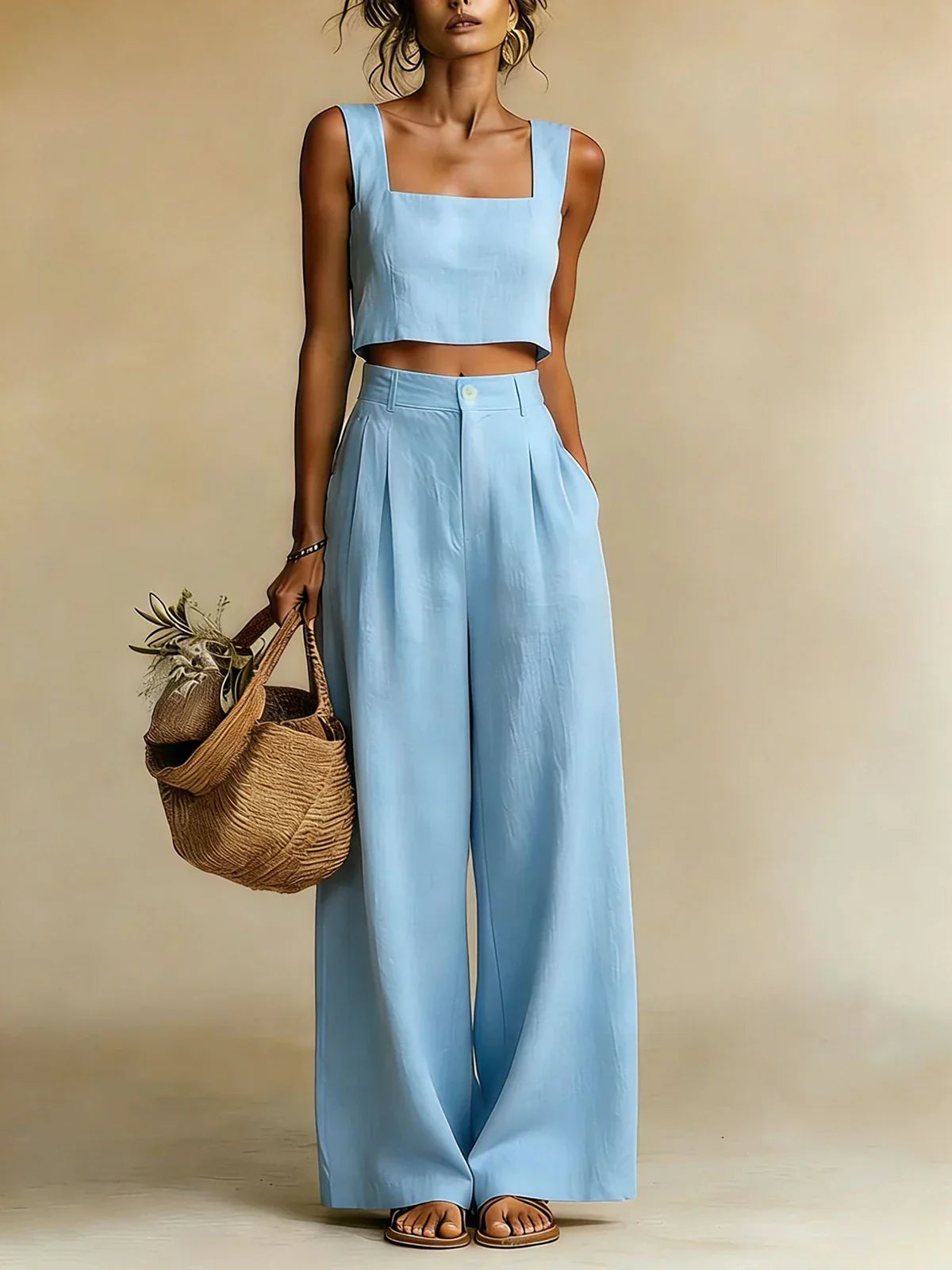 Square-Neck Crop Top and Wide-Leg Trouser Set