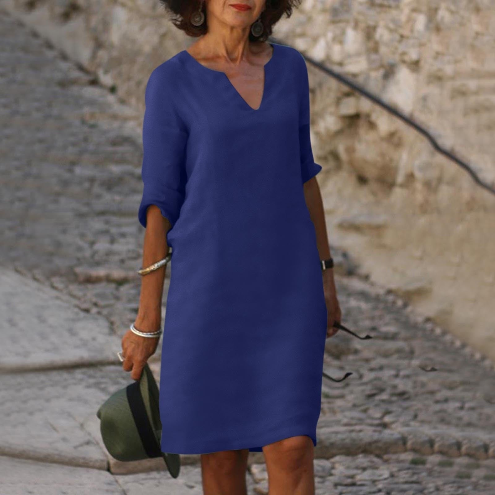 Linen-Blend Shift Dress with V-Neckline