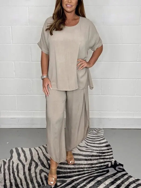 Ensemble deux pièces pour femme en mélange de lin, avec top et pantalon large