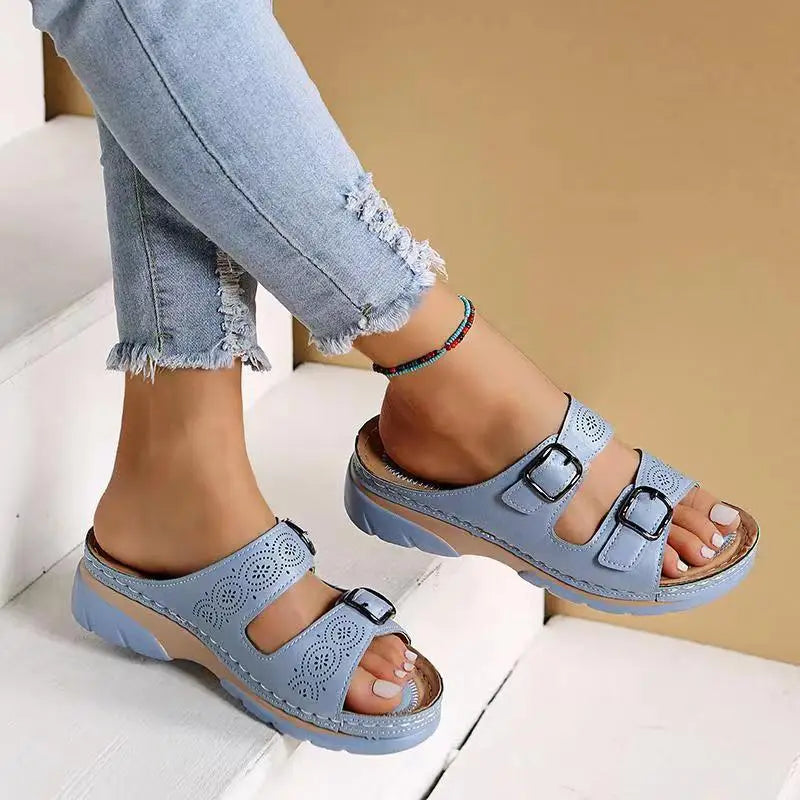 Leather Wedge Sandals with Perforated Buckle Straps