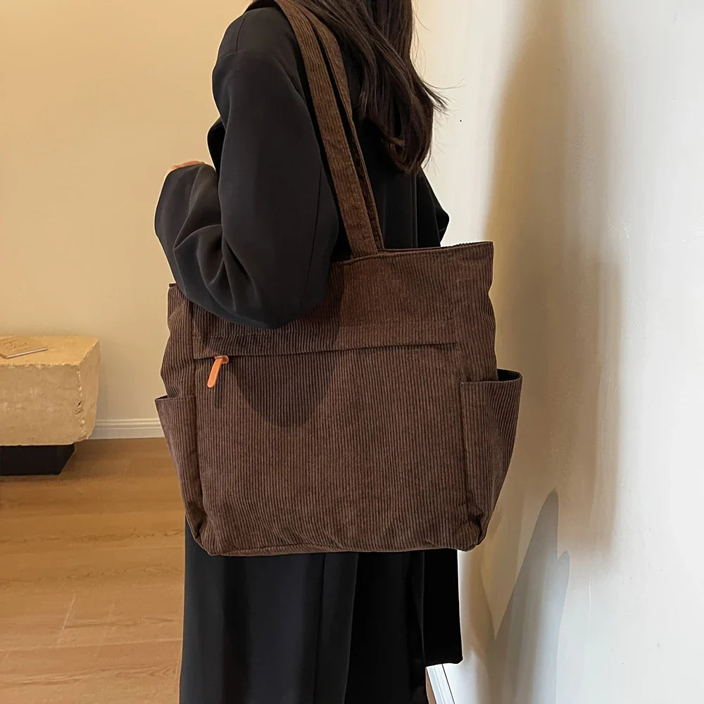 Tote Bag in Corduroy with Side Pocket for Everyday Use